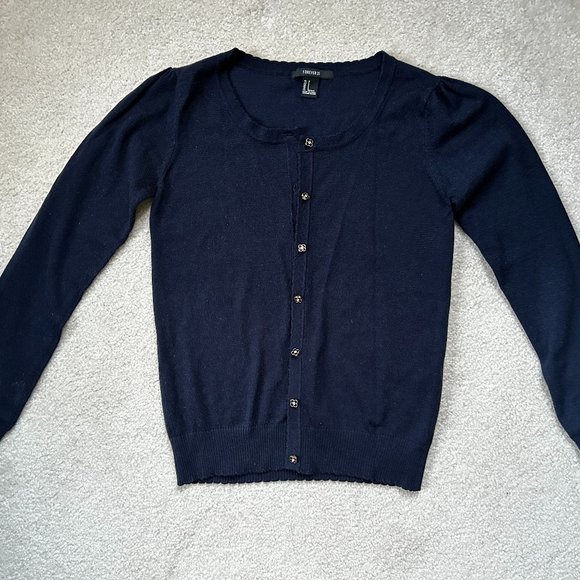 Deep Navy Blue Forever 21 Scalloped Edge Cardigan - Picture 1 of 3
